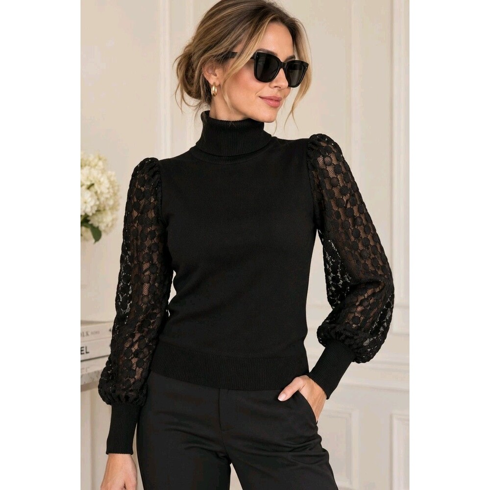 Love Tree Black Turtleneck Sweater M Sheer Lace Puff Sleeve Knit Top